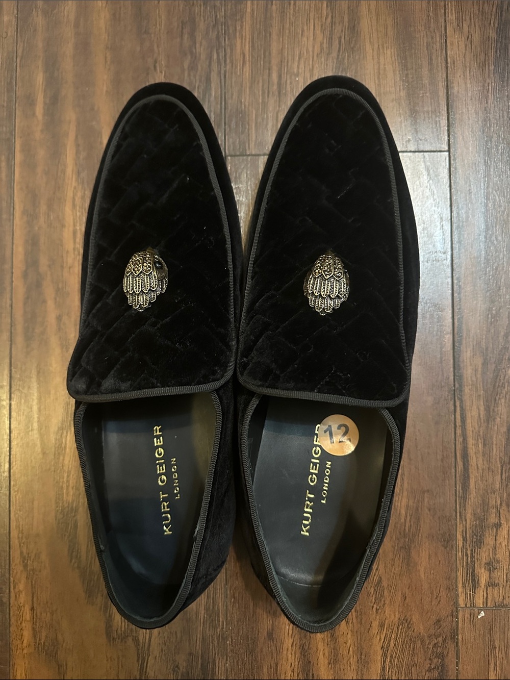 Kurt Geiger Black Quilted Velvet Loafers with Gold Crest